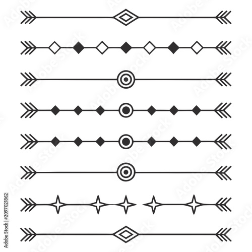 Horizontal set of tribal bohemian style dividers and borders featuring arrows, diamonds, circles, and stars, ideal for graphic design and craft projects.