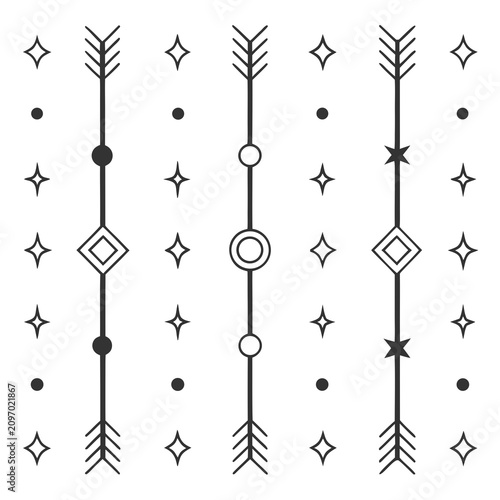 Boho tribal vertical border dividers set with stars arrows and dots for spiritual or ethnic layout design minimalist black line art vector icons on white background for creative editorial project.