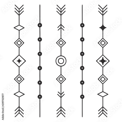 Tribal vertical divider lines set with geometric ethnic patterns including arrows diamonds and stars for creative page layout design minimalist black and white vector illustration on clear background.