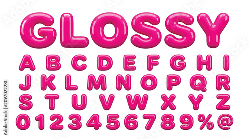 Vibrant pink glossy bubble letter vector illustration set including full alphabet and numeric character designs