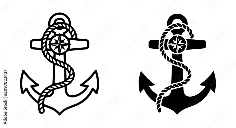 Fototapeta premium Nautical Anchor Icons, Marine Compass Symbols, Maritime Rope Designs, Vector Set