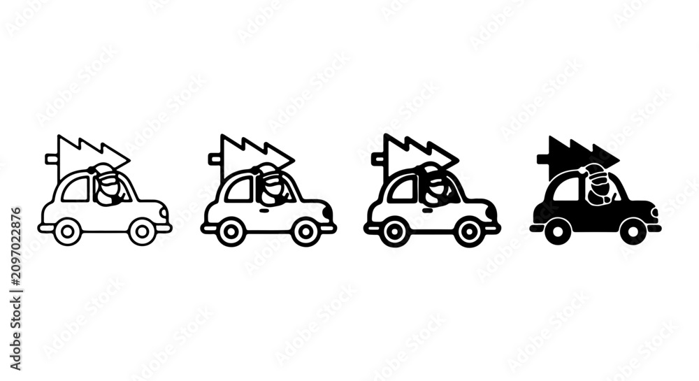 Fototapeta premium Christmas Tree Car Icons, Festive Holiday Travel Vector Set, Winter Season Transport Graphics