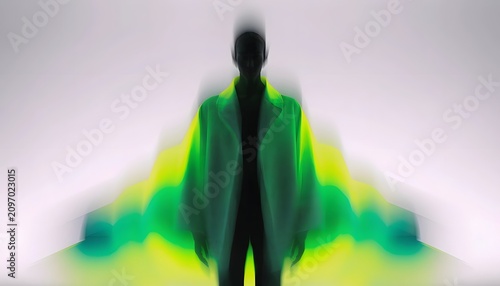 Shadowy figure standing in an oversized green and yellow layered tech coat. Motion blur and virtual identity concepts. Dark silhouette profile posing with bright energy trails backdrop