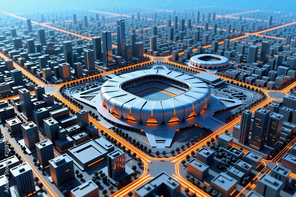 Fototapeta premium Aerial view of modern stadium in center of glowing city. Futuristic arena surrounded by high buildings with light lines on streets. Urban architecture plan for sports competition events. Smart town