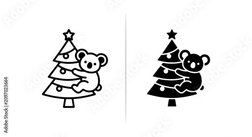 Canvas Print Cute Koala Climbing Christmas Tree, Festive Animal Icon Set, Holiday Vector Art