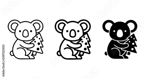 Canvas Print Cute Koala Holding Christmas Tree Vector Icons Set, Simple Outline and Silhouett