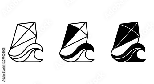 Foto Kite and Wave Icons, Vector Set of Three Designs, Summer Beach and Outdoor Activ