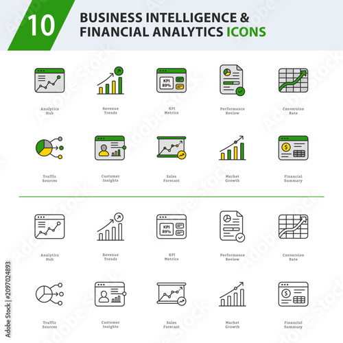 Business Intelligence & Financial Analytics Outline Icons