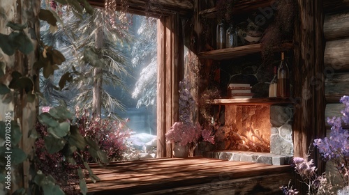 Cozy rustic cabin interior featuring a warm glowing stone fireplace overlooking a tranquil snowy forest landscape