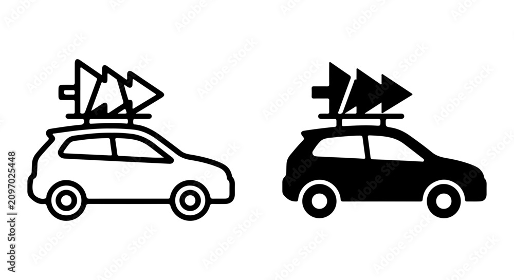 Naklejka premium Christmas Tree Car Icons, Festive Holiday Transport Vector Set, Winter Travel Symbols