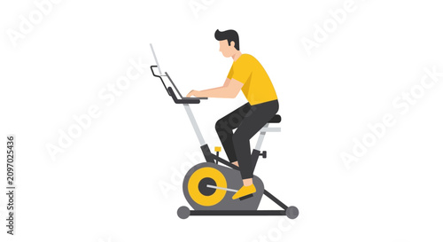 Man Working on Laptop While Riding Stationary Exercise Bike - Flat Vector Illustration of Multitasking Productivity and Health in a Home Office