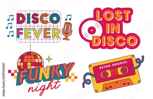 Retro Disco and Funky Music Sticker Set Featuring Vinyl Record, Cassette Tape, and Disco Ball Graphics for 70s 80s Party