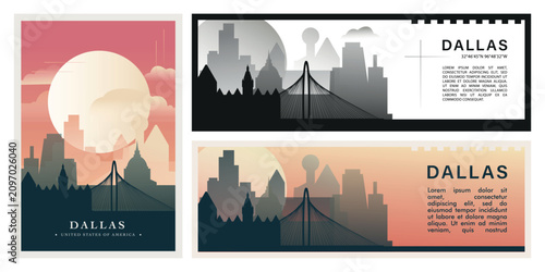 Dallas skyline illustration set with iconic landmarks. Brutalism USA, Texas city cityscape design pack for travel banners, tourism posters, and urban architecture concepts, social media, websites