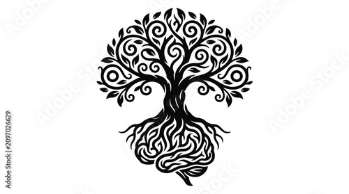 Ornate tree of life with roots forming a human brain, symbolizing knowledge and growth.