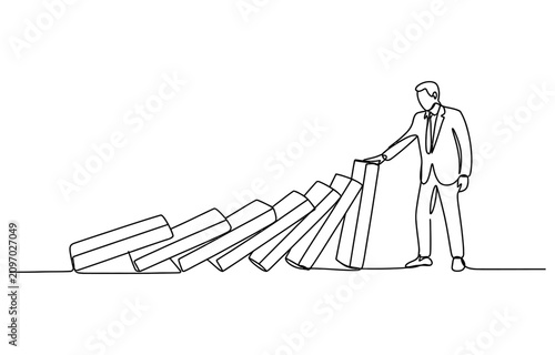 Continuous line drawing of a businessman stopping falling dominoes to prevent business failure Vector, illustration