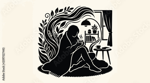 Cozy person wrapped in blanket enjoys warm drink by window on a peaceful day.