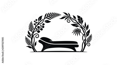 Serene chaise lounge nestled within a decorative botanical archway, symbolizing relaxation and nature.