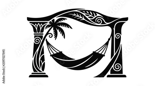 Ornate archway frames a relaxing hammock and tropical palm tree, symbolizing vacation and tranquility.
