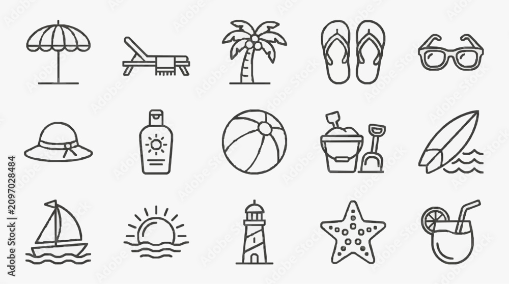 Fototapeta premium Creative Black and White Line Icons Set Featuring Beach Vacation and Summer Essentials with high quality professional line art symbols for modern creative design and digital branding projects