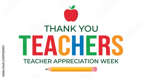 Colorful vector illustration celebrating teacher appreciation week with a bright red apple and yellow pencil