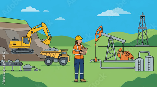 Photos Industrial landscape showing mining, oil extraction, and a supervising engineer