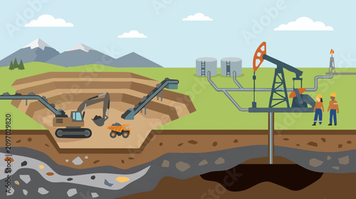 Illustration of Coal Mining and Oil Extraction Operations