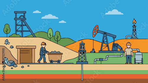 Natural Resource Extraction: Mining, Oil and Gas Industry Illustration