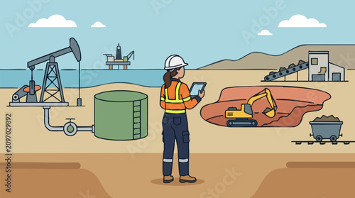 Illustration of oil extraction and mining processes with an industrial worker