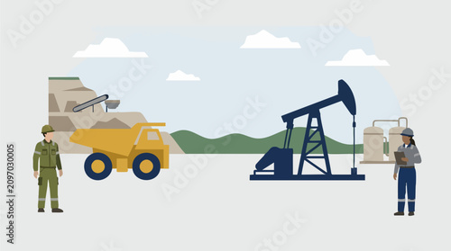 Industrial illustration depicting mining and petroleum extraction operations