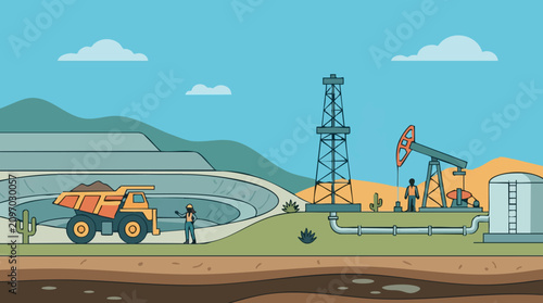Energy industry operations: mining, oil drilling, pumpjack, and storage