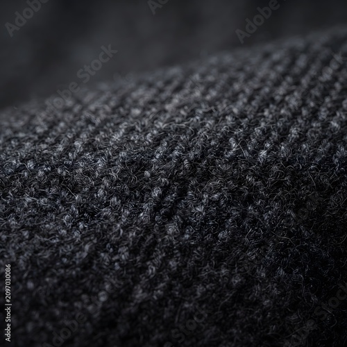 Close-up of dark gray textured fabric with subtle sheen. High-resolution woven material for fashion, design, and product backgrounds.