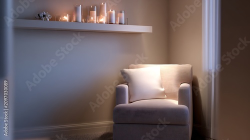 Comfortable white armchair positioned under a floating wooden shelf holding glowing glass candle jars inside