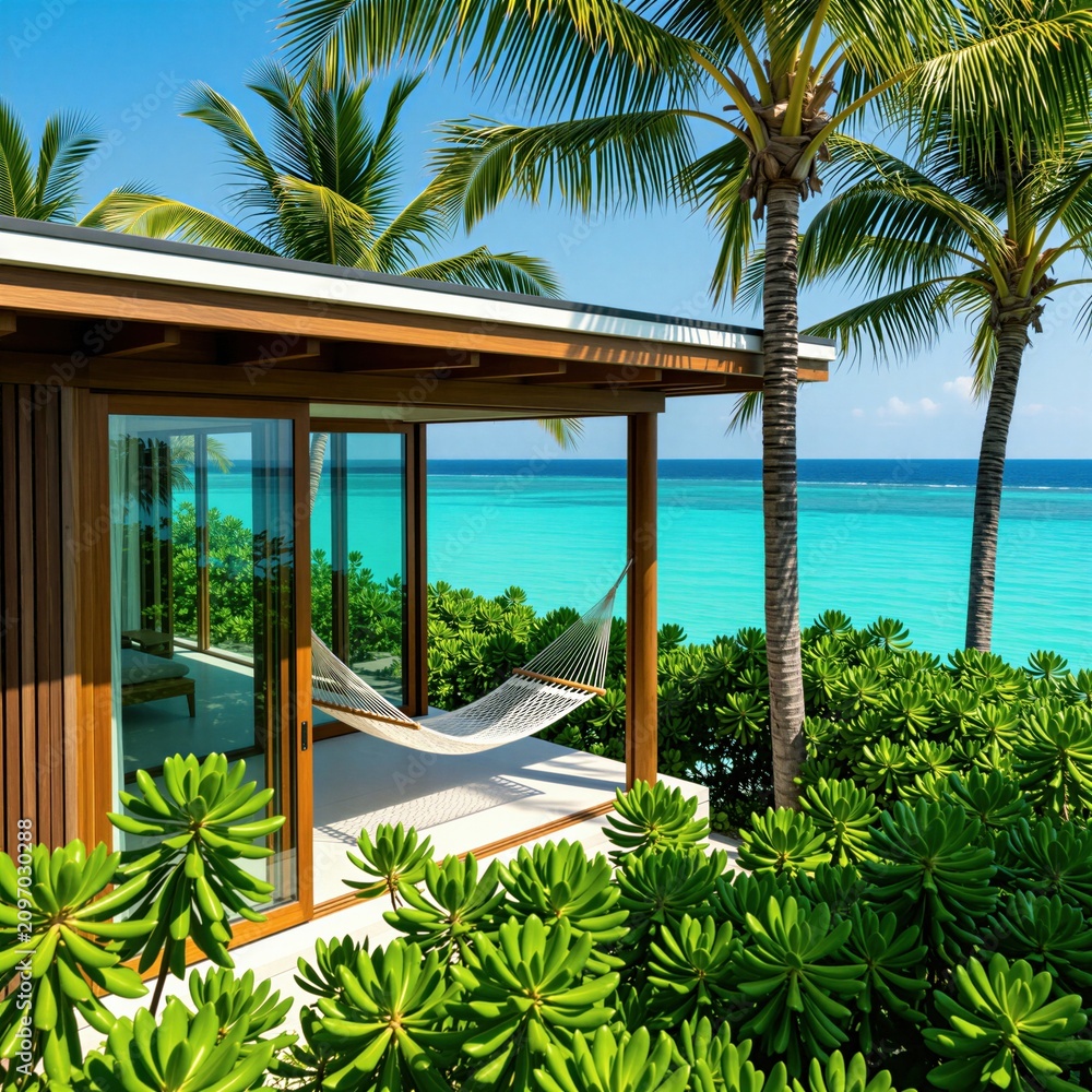 Obraz premium Modern overwater villa with glass walls and hammock offers ocean view. Lush green plants surround the tropical vacation home with clear blue water.