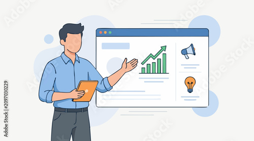 Man presenting business growth and marketing strategy using digital tablet