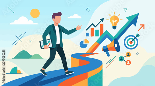 Businessman walking on path towards business growth, success, and innovation