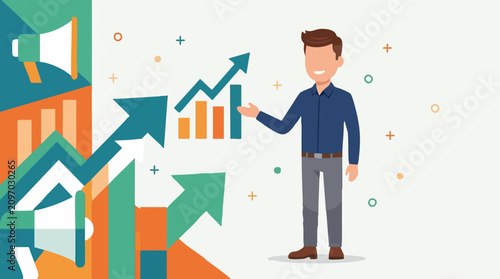 Businessman presenting marketing strategy and business growth chart illustration
