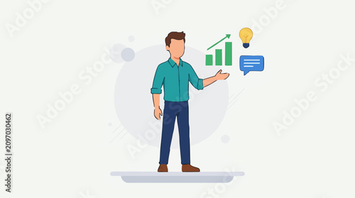 Illustration of a man presenting business growth, ideas, and communication