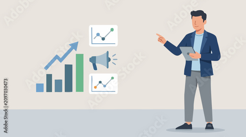 Man presenting business growth, marketing strategy, and data analysis