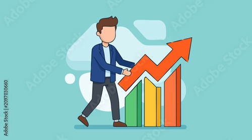 Business growth concept with man pushing upward arrow chart illustration