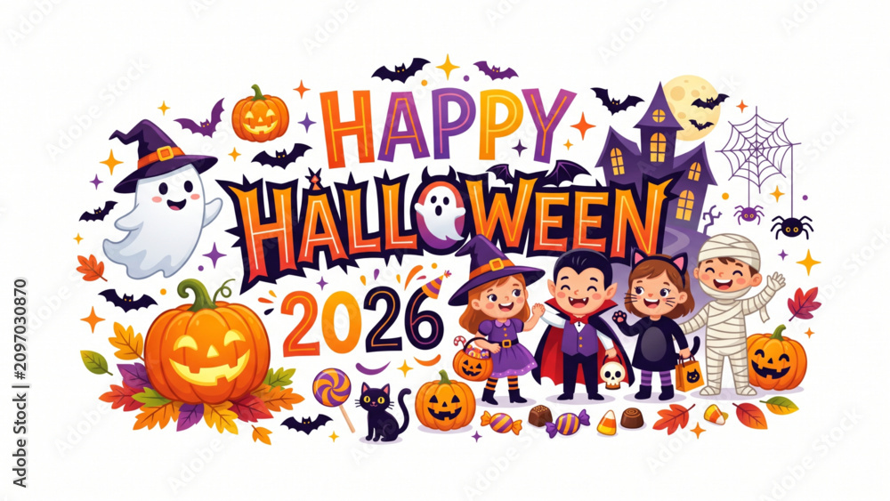 Fototapeta premium Happy Halloween 2026 Greeting Card with Kids in Costumes, Ghosts, and Pumpkins