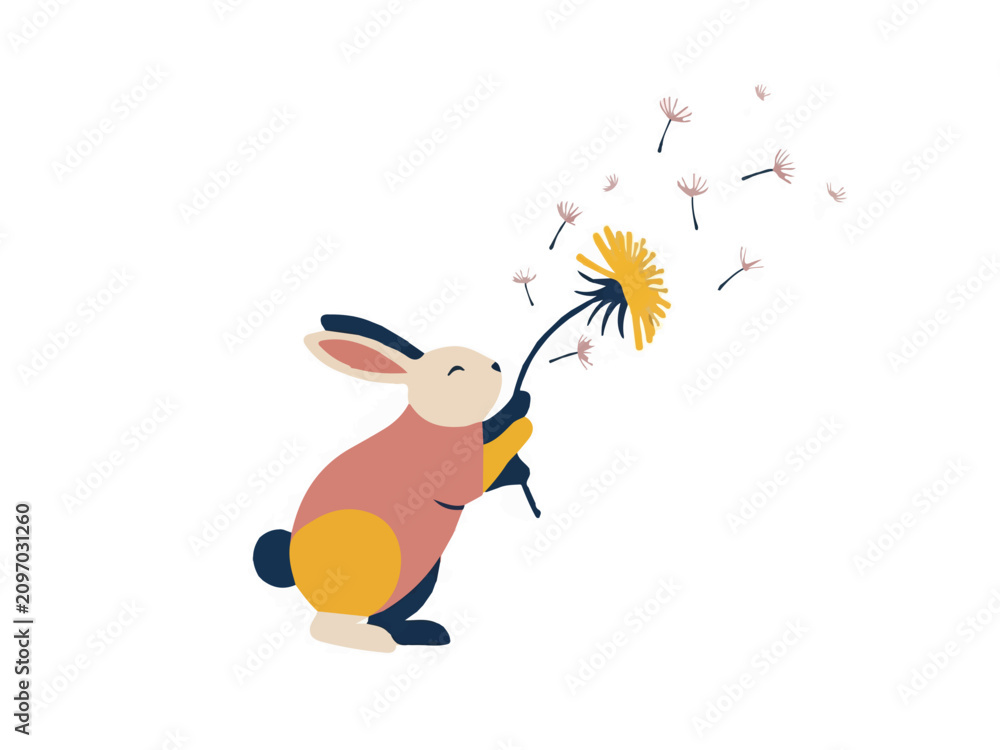 Fototapeta premium Cute Minimalist Illustration of a Little Bunny Rabbit Holding a Dandelion Flower with Seeds Blowing