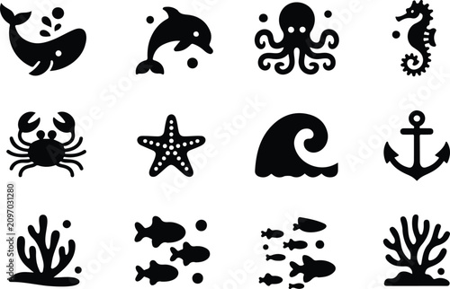 Photography Minimalist set of black silhouette icons featuring various cute marine life crea