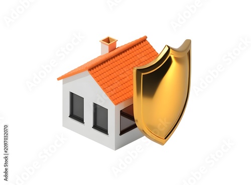 Secure house insurance concept and residential property safety system. Real estate protection coverage plan. Isometric private cottage standing safe behind a heavy polished golden shield