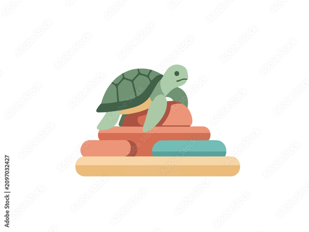 Obraz premium Minimalist Flat Illustration of a Green Sea Turtle Climbing on a Stack of Rounded Stones and Rocks