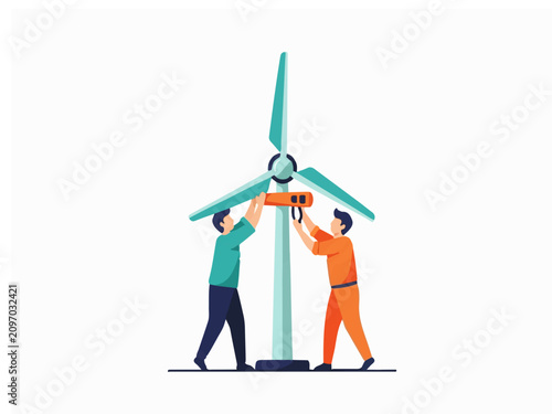 Technicians or Engineers Repairing Wind Turbine for Renewable Energy Sustainability Vector Illustration