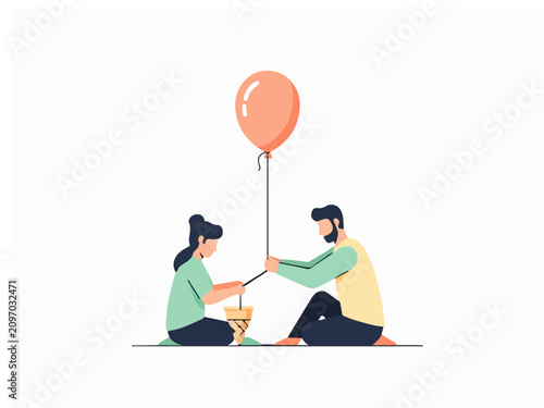 Flat Vector Illustration of a Young Couple Sitting Together and Holding an Orange Balloon String