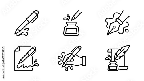 Tableau sur toile Line art icons depicting writing implements inkwells and parchment on a white ba