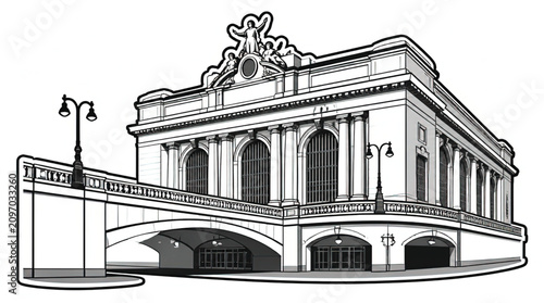 Abstract architectural illustration of Grand Central Station facade detail in black and white