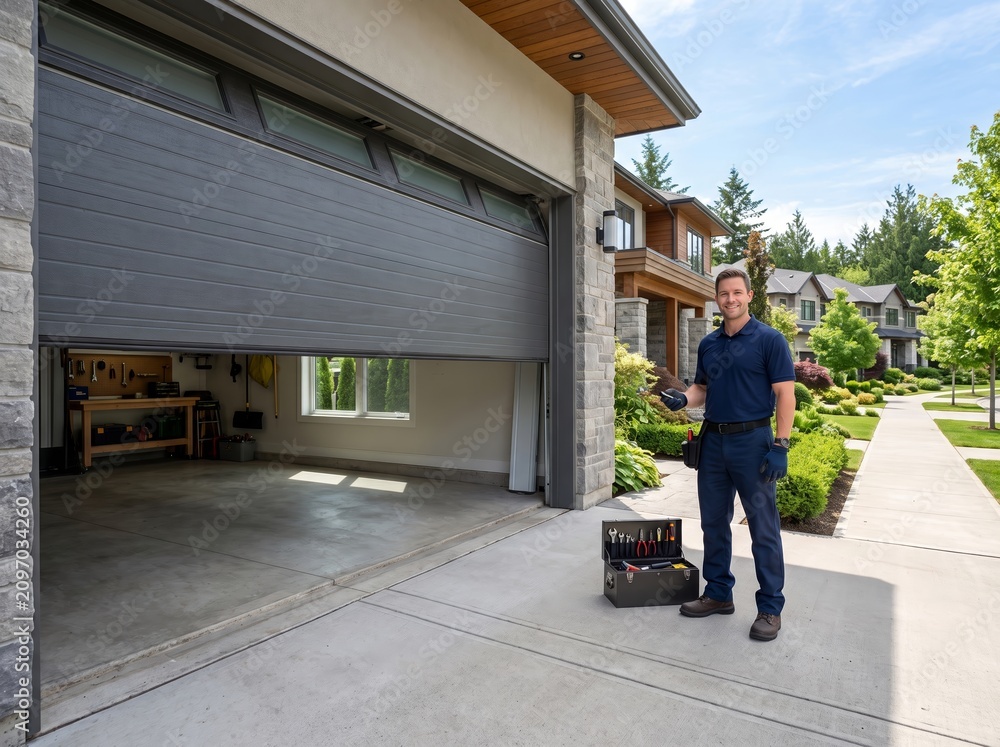 Fototapeta premium Professional garage door maintenance service with technician performing full safety inspection on a contemporary residential garage