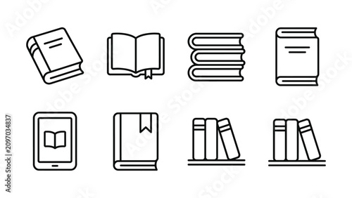 Fotografie Collection Of Books And E reader Line Icons On A White Background book volume